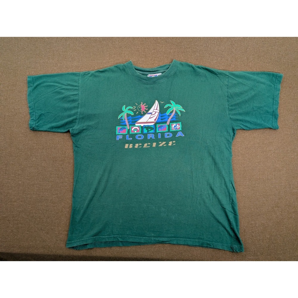 Vintage Belize Florida Sailing T-Shirt Mens 3XL Green Tee Sail Boat Cruise